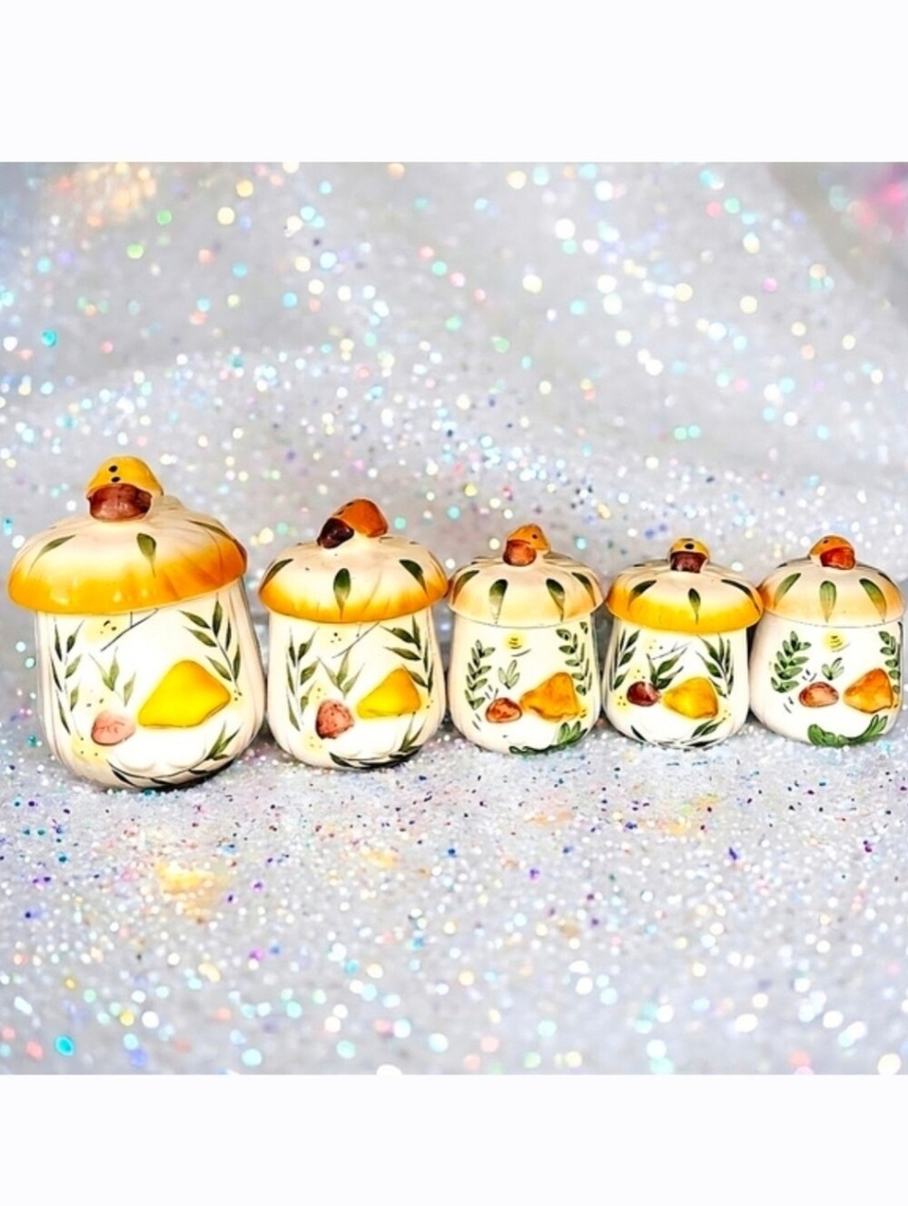 Set of 5 whimsical mushroom butterfly ceramic canisters